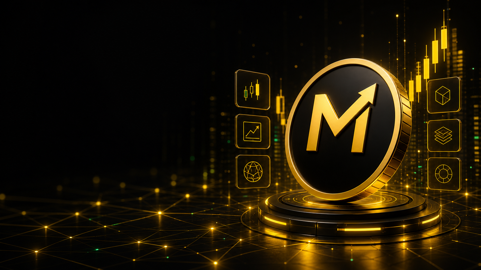Golden MarketMint token surrounded by onchain market data